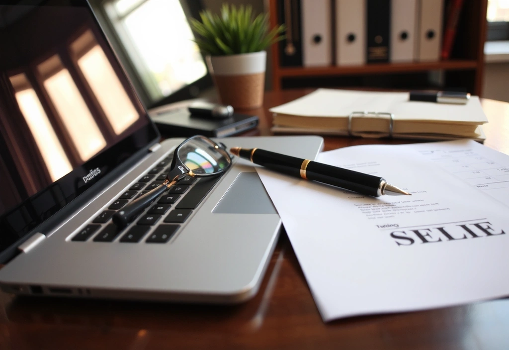 Schreibtisch mit Laptop und juristischen Unterlagen