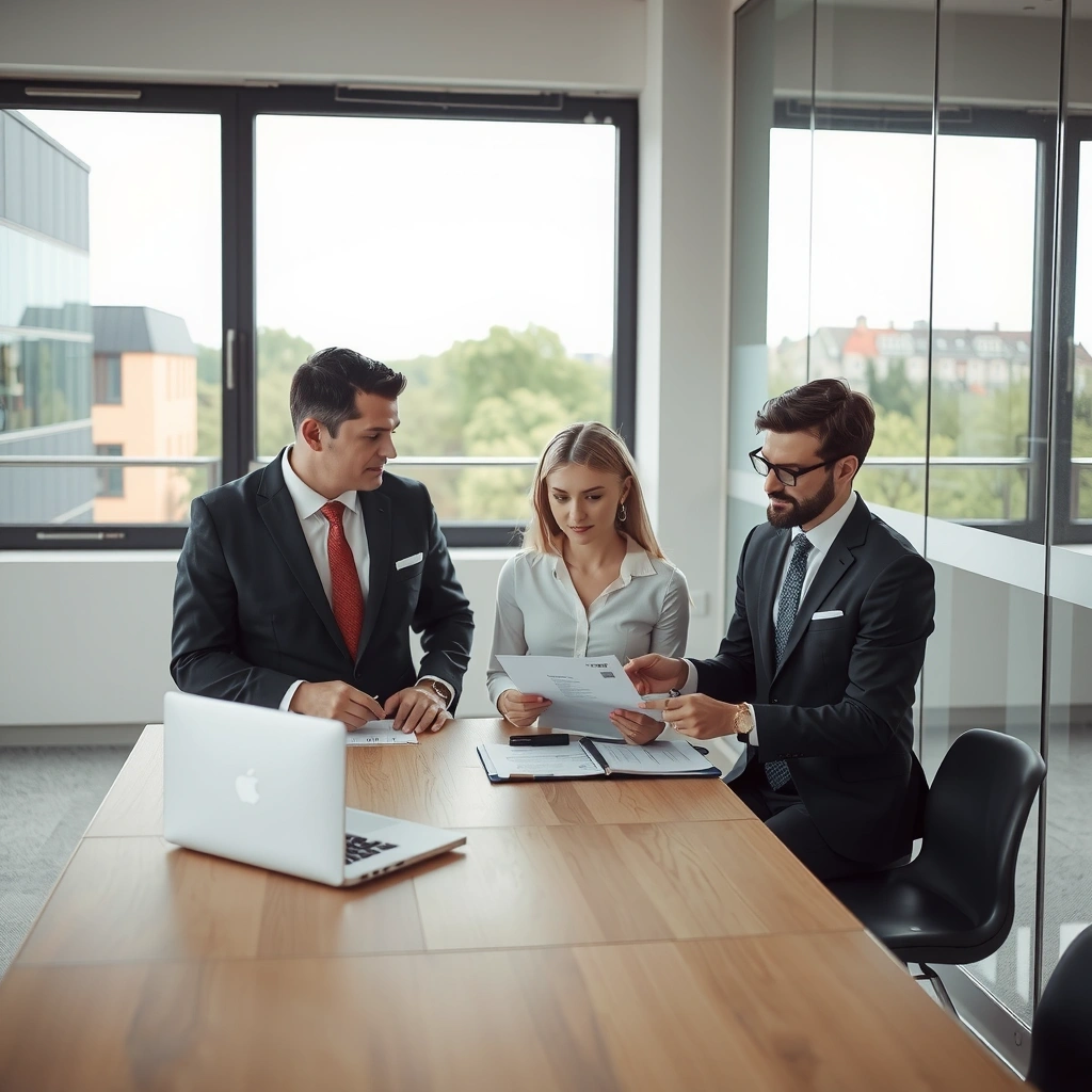 Team bespricht Vertragsunterlagen in einem modernen Büro